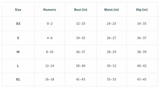 A size guide chart with columns for Size, Numeric, Bust (in), Waist (in), and Hip (in), showingXS throughXL sizes and measurements on a white background.